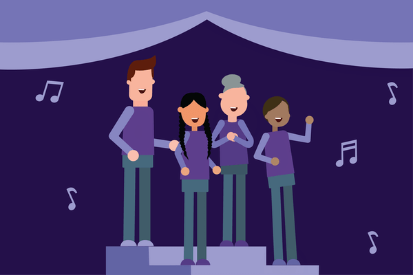 An illustration of four people standing on risers and singing. Music notes hang in the air around them.