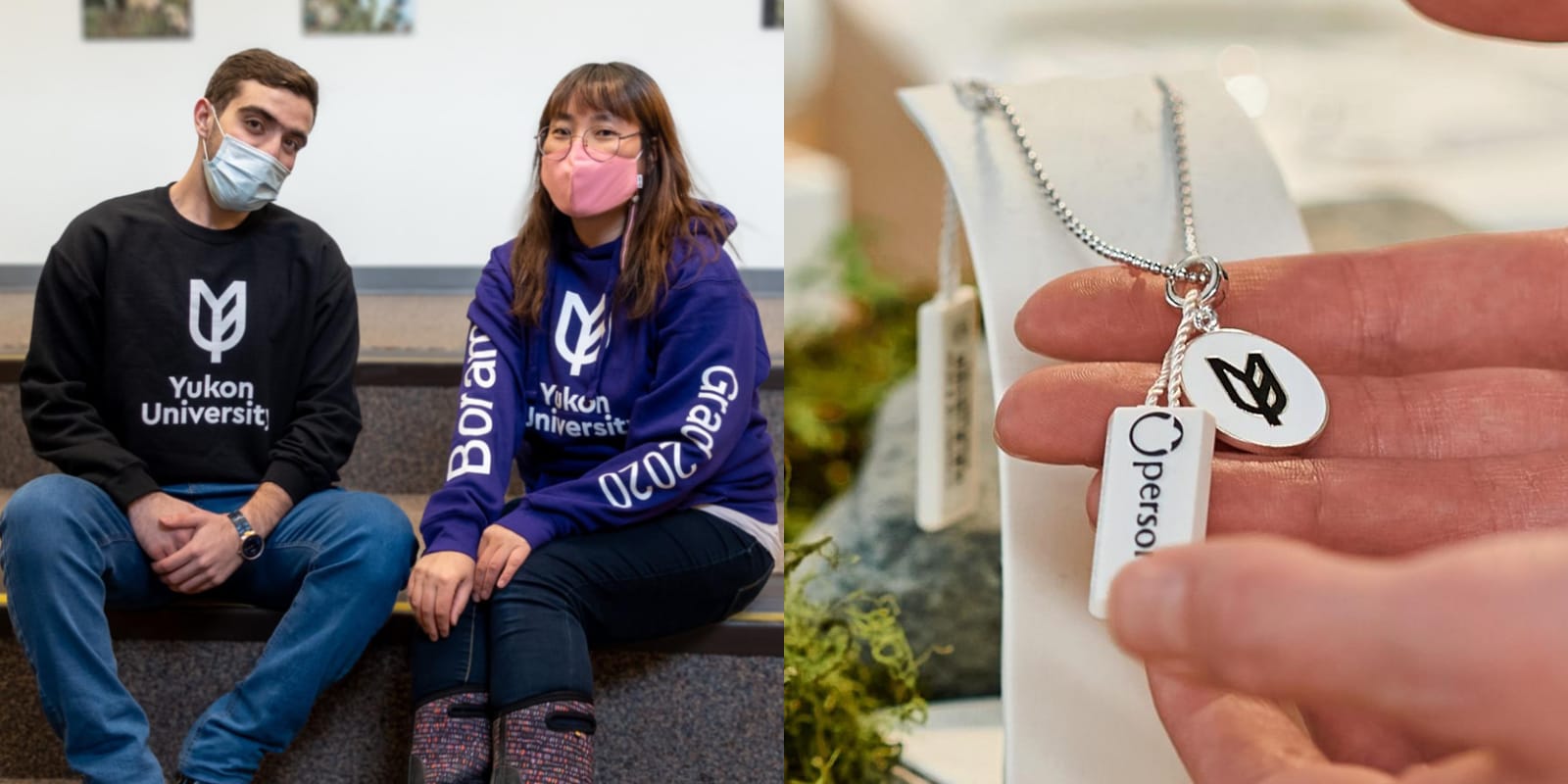 Two students sitting side-by-side wearing Yukon University sweatshirts showing their grad year